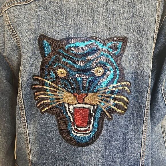 Universal Thread Upcycled Denim "Growling Tiger" Trucker Jacket, XL - Picture 1 of 12